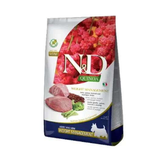 Снимка на N&D Quinoa Weight Management - Пълноценна храна за израснали кучета от малко и мини породи за намаляване на наднорменото тегло без лишаване от храна, с агнешко, киноа, броколи и аспержи, 7кг.