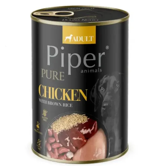 Снимка на Piper Pure Dog Adult - Пълноценна консервирана храна за израснали кучета с пилешко и кафяв ориз, 400гр./2 броя