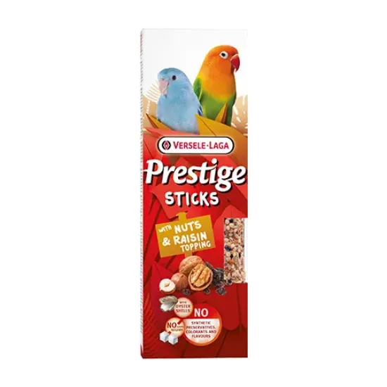 Снимка на Versele-Laga - Prestige Sticks Small Parrot with Nuts & Raisin topping – Лакомство за средни папагали (неразделки) – стикове с топинг с ядки и стафиди, 2х30гр.