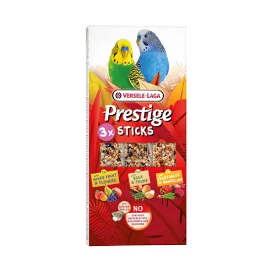 Снимка на Verele-Laga Prestige Sticks Budgies Triple Variety Pack – лакомство за вълнисти папагали – с микс от зеленчуци и глухарче, 3 стика с различни вкусове, 3х30гр.