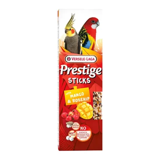 Снимка на Versele-Laga Prestige Sticks Big Parakeets with Mango & Rosehip – Лакомство за средни папагали – стикове с манго и шипка, 2х70гр.