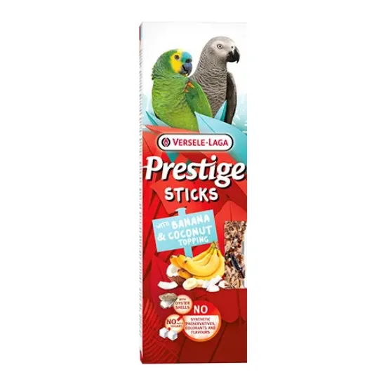 Снимка на Versele-Laga Prestige Sticks Parrots Banana & Coconut topping- Лакомство за големи папагали – стикове с топинг с банан и кокос, 2х70гр.
