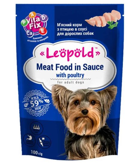 Снимка на Leopold Dog - Пълноценна консервирана месна храна с птиче месо в сос за кучета в зряла възраст, 24 х 100гр.
