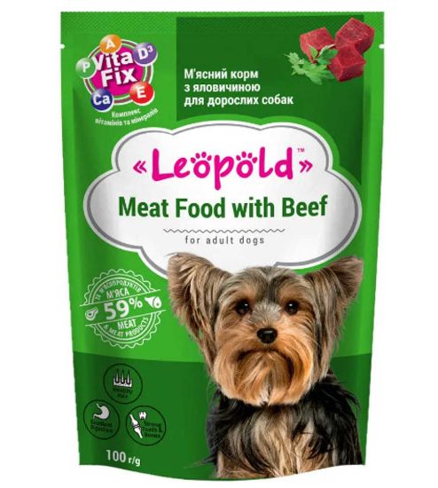Снимка на Leopold Dog - Пълноценна консервирана месна храна с говеждо месо за кучета в зряла възраст, 24 х 100гр.