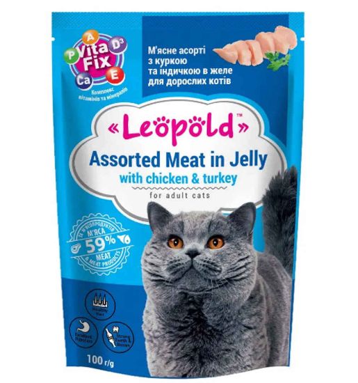 Снимка на Leopold Cat - Пауч за котки с пилешко месо и пуйка, 24 броя х100 гр.