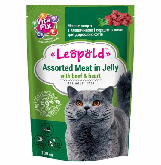 Снимка на Leopold Cat - Пауч за котки в зряла възраст, вкусно асорти от говеждо месо и сърца, 24 броя х 100гр.