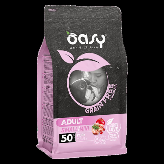 Снимка на Oasy Dry Dog Grain Free Adult Mini - Премиум суха храна за кучета над 1 година от мини породи, без зърно,  със свинско месо, 2.5 кг.
