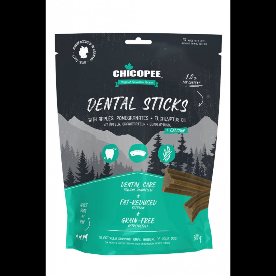 Снимка на Chicopee Dental Sticks - Дентални лакомства за кучета, вкусни пръчици с ябълки, нар и масло от евкалипт, 300 гр.