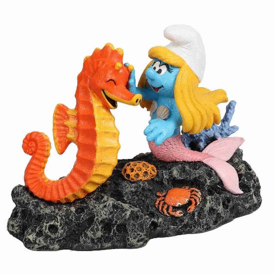 Снимка на Duvo Plus Smurfs - Декорация за аквариуми във форма на морско конче и смърф, 13,5x6,8x10,1 см.