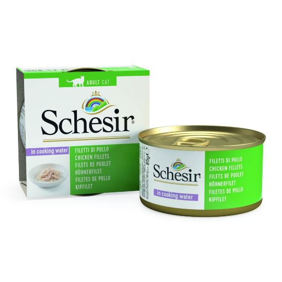 Снимка на Schesir Cat Chicken Fillets Natural - Консерва за израснали котки с пилешки филенца в собствен сос с ориз 85 гр./3 броя
