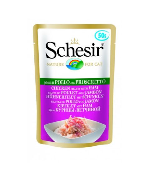 Снимка на Schesir - Пауч за израснали котки с пилешки филенца и шунка, 50 гр./4 броя