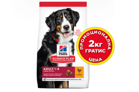 Снимка на Hill's Dog Adult Large Breed + 2 кг. гратис - Пълноценна суха храна за израснали кучета от 1 до 5 години, с умерена енергийна нужда, с пилешко месо, 12 кг.+ 2кг. гратис