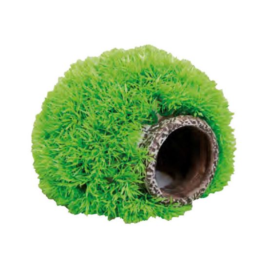 Снимка на Flamingo Decor Mossball - Декорация за аквариуми, тревна топка с пещера, 15/11 см.