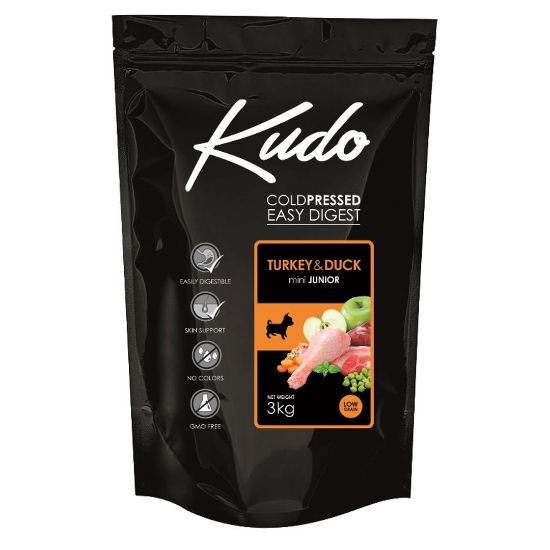 Снимка на Kudo Low Grain Turkey-Duck Mini Junior - Суха храна за кучета от дребни породи до 1 година с пуешко и патешко месо, 3 кг.