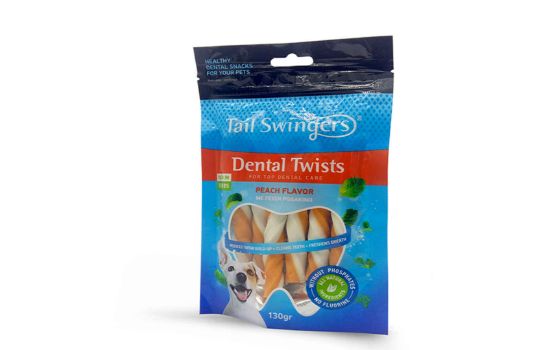 Снимка на Pet Interest Dental Twists Peach- Дентално лакомство за кучета , усукани пръчици с вкус на праскова, 130 гр./ 2 пакета