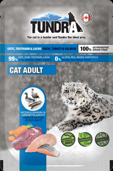 Снимка на Tundra Adult Cat - Премиум пауч за израснали котки, без зърно с пуешко, патешко и сьомга, 85 гр./4 броя