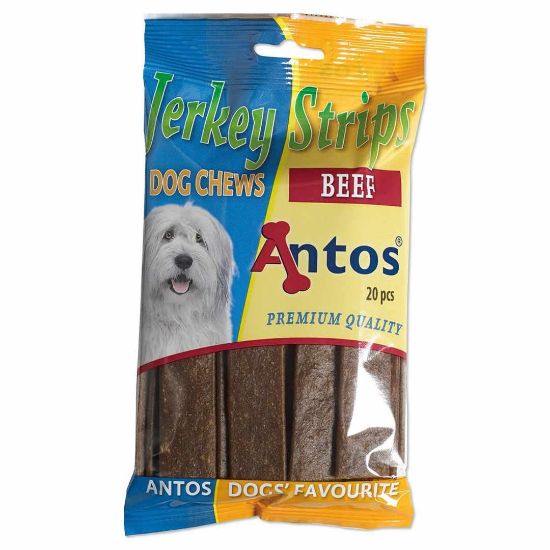 Снимка на Antos Jerkey Strips Beef - Премиум лакомство / награда за кучета , ленти с телешко месо, 3 пакета х 20 броя.