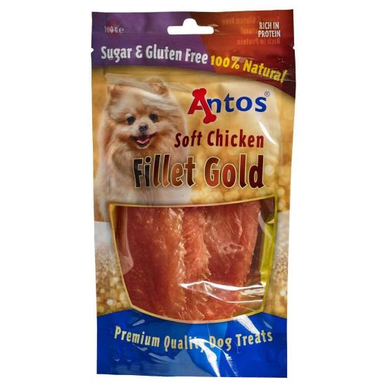 Снимка на Antos Fillet Gold - Премиум лакомство за кучета , без зърно ,меки хапки с месо от пилешко филе, 2 броя х 100 гр.