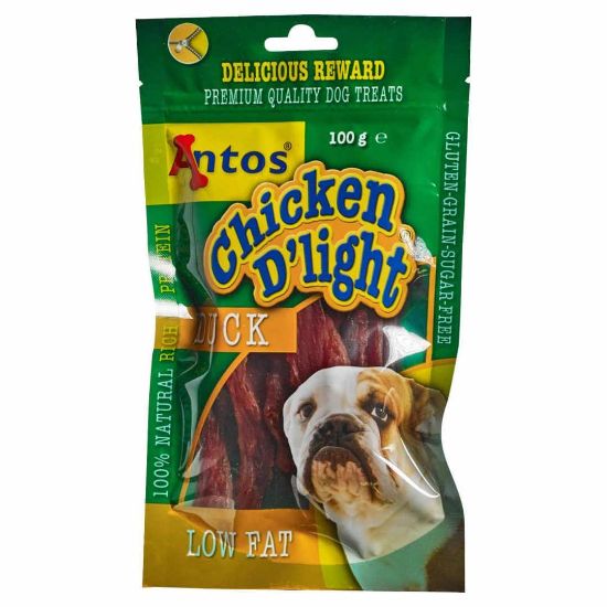 Снимка на Antos Chicken D'light Duck - Премиум лакомство/награда с ниско съдържание на мазно, без зърно,за кучета с филе от патешко месо, 2 броя х 100 гр.
