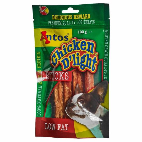 Снимка на Antos Chicken D'light Sticks - Премиум лакомство/ награда с ниско съдържание на мазно, за кучета ,без зърно , пръчици с пилешко месо, 2 броя х 100 гр.