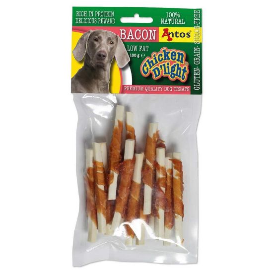Снимка на Antos Chicken D'light Bacon - Премиум кучешко лакомство,без зърно, пръчици обвити с пилешко месо и бекон, 2 броя х 100 гр.