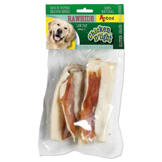 Снимка на Antos Chicken D'light Rawhide - Премиум кучешко лакомство ,без зърно ,навити кожички с пилешко месо, 2 броя х 100 гр.