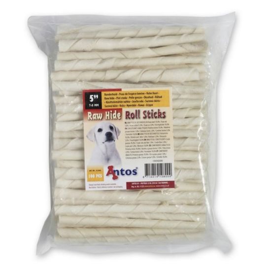 Снимка на Antos Raw Hide White Roll Sticks - Премиум кучешко лакомство , солети от говежда кожа 100 броя 7.8 см.