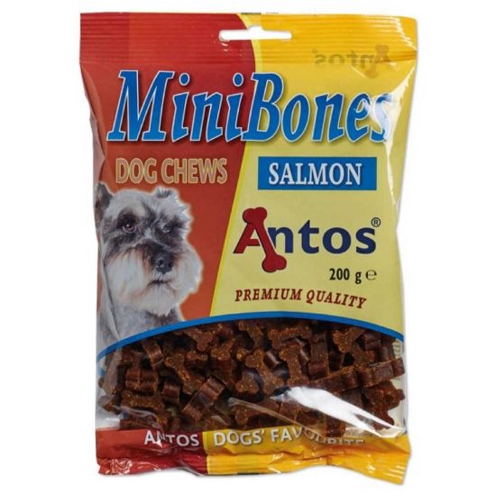 Снимка на Antos Mini Bones Salmon - Премиум лакомство за кучета под формата на кокалчета, с месо от сьомга, 3 броя х 200 гр.
