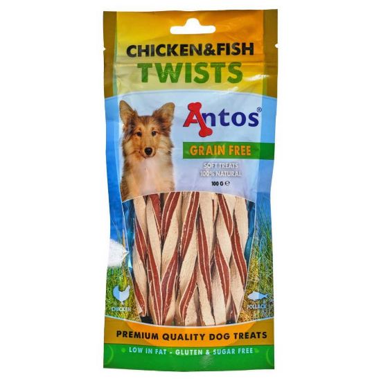 Снимка на Antos Chicken&Fish Twists - Премиум кучешко лакомство , без зърно , усукани солети с пилешко и риба, 2 броя х 100 гр.