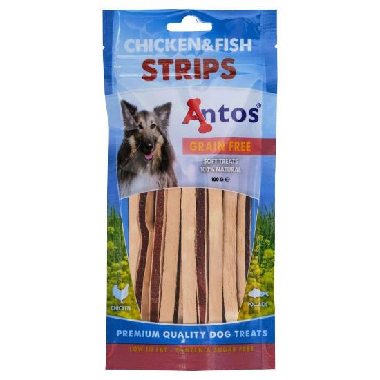 Снимка на Antos Chicken&Fish Strips - Кучешко лакомство ,без зърно , вкусни ленти с пилешко месо и риба, 2 броя х 100 гр.
