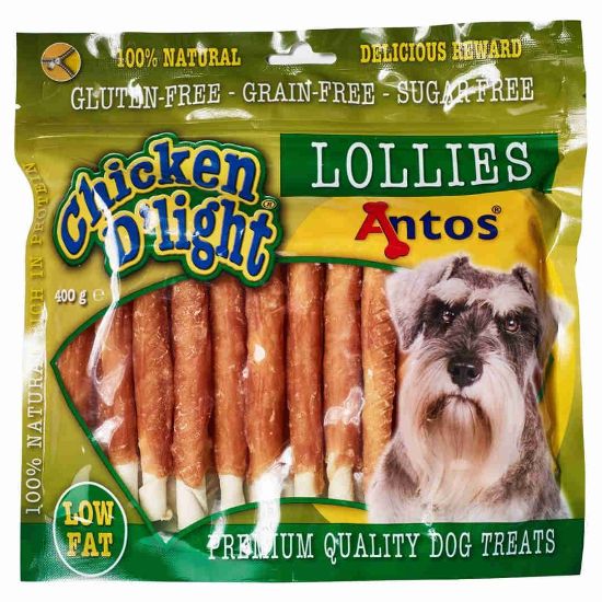 Снимка на Antos Chicken D'light Lollies - Премиум лакомство за кучета,без зърно, пръчици обвити с пилешко месо 400гр.