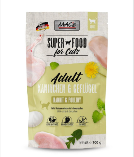 Снимка на Mac's Cat Rabbit and Chicken - Супер премиум пауч за котки със заешко , пилешко месо и глухарче, 4 броя х 100 гр.