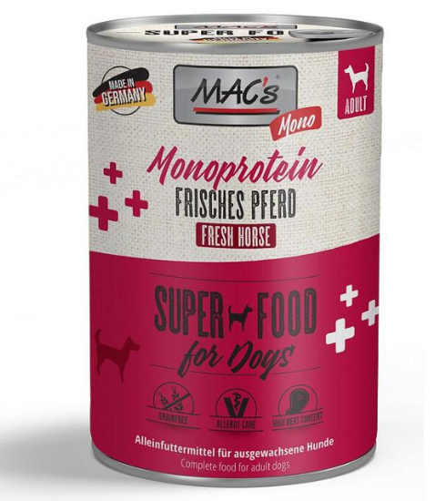 Снимка на Mac's Dog Sensitive Adult Horse - Пълноценна консервирана храна за израснали кучета с чувствителен стомах, без зърно , с конско месо 800 гр.