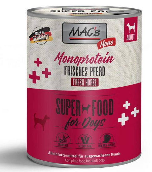 Снимка на Mac's Dog Sensitive Adult Horse - Пълноценна консервирана храна за израснали кучета с чувствителен стомах, без зърно , с конско месо, 2 броя х 400 гр.