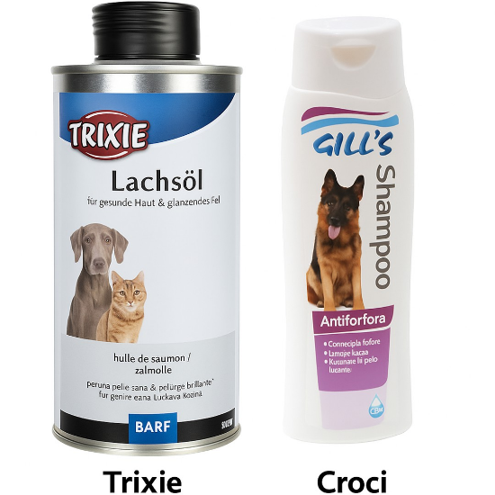 Снимка на ПРОМО КОМПЛЕКТ Trixie Сьомгово масло + Croci Шампоан против пърхот – комплект за здрава кожа и блестяща козина