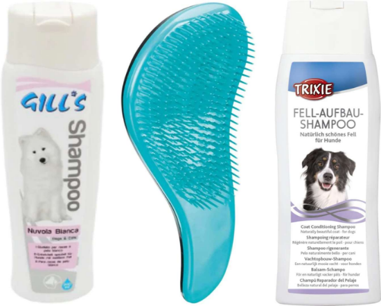 Снимка на ПРОМО комплект „Бяла козина + Лесно разресване“ – шампоан за бяла козина, мека четка и балсам шампоан