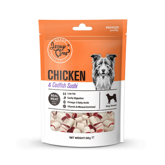Jerky Time - Премиум лакомство за кучета, суши с истинско пилешко месо и риба треска, годно за човешка консумация, 80 гр