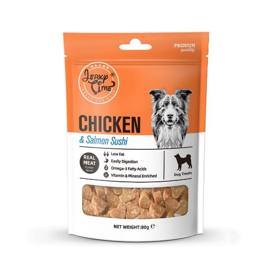 Jerky Time Chicken &amp; Salmon Bites - Премиум лакомство за кучета с истински хапки пилешко месо и сьомга, годно за човешка консумация, 80 гр