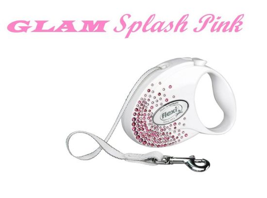 Flexi Swarovski GLAM Splash Pink S - Модерен автоматичен повод за кучета, 3 метра лента, до 12 кг - цвят бял