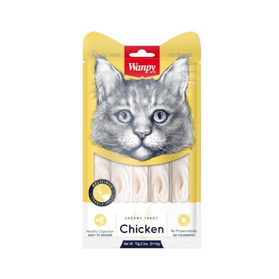 Wanpy Creamy Chicken 5 x 14гр - премиум клас кремообразно лакомство за котки с пиле, 3 пакета х 5 порции (15 х 14 гр. )