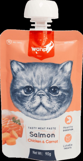 Wanpy Tasty Cat - Месна паста за котки със сьомга, пиле и морков, 90 гр.