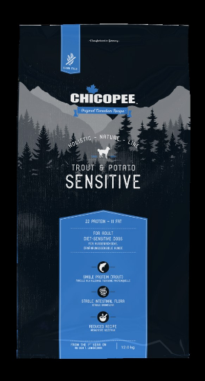 Chicopee Dog HNL Sensitive - Пълноценна суха за израснали кучета с чувствителен стомах, с пъстърва и картофи, 12 кг.