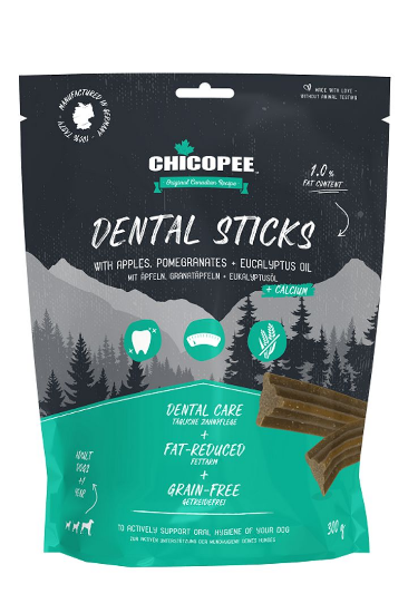 Chicopee Dental Sticks - Дентални лакомства за кучета, вкусни пръчици с ябълки, нар и масло от евкалипт, 300 гр