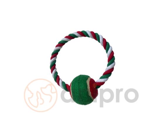 Anipro Play - Въжена играчка за кучета във форма на кръг с топка, бяло/зелено/червено 18 см, 125-135 гр.