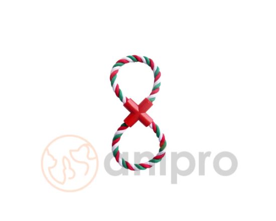 Anipro Play - Въжена играчка за кучета, осмица бяло/зелено/червено 28 см, 110-120 гр.