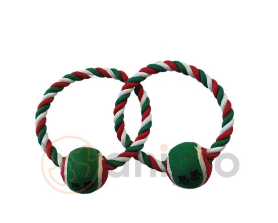 Anipro Play - Въжена играчка за кучета във форма на двоен кръг с две топки, бяло/зелено/червено 33 см, 250-260 гр.