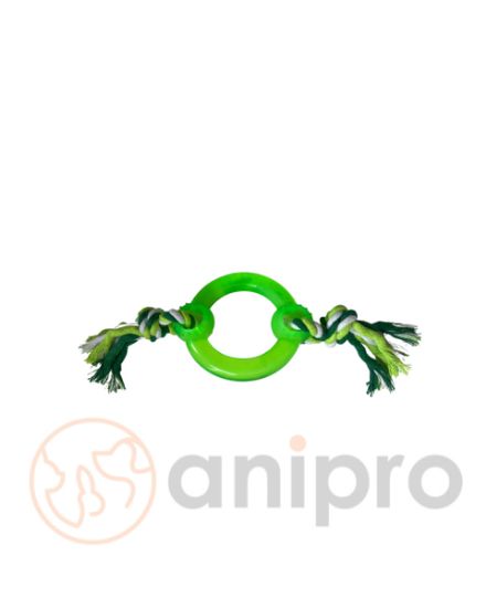 Anipro Play - Въжена играчка за кучета с PVC кръг и 2 възела, бяло/зелено 30 см, 115-125 гр.