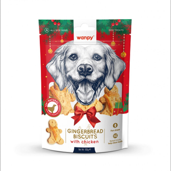 Wanpy Christmas Gingerbred Biscuits - Вкусно лакомство за кучета, коледни бисквити с пилешко месо, 100 гр
