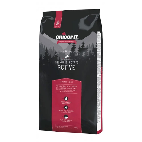 Chicopee Dog Holistic Active - Пълноценна суха храна за кучета с повишено ниво на активност със сьомга и картофи, 12 кг.