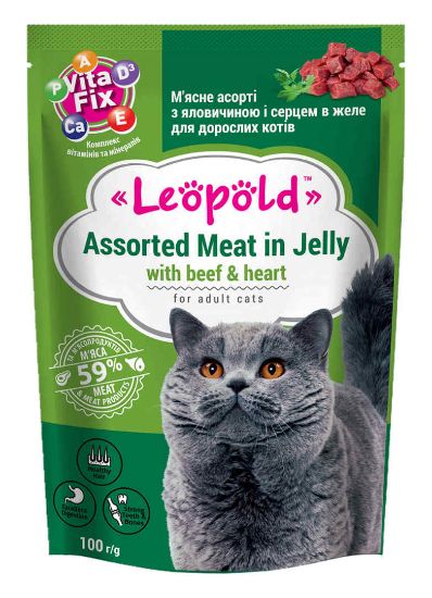 Leopold Cat - Пауч за котки в зряла възраст, вкусно асорти от говеждо месо и сърца, 100гр